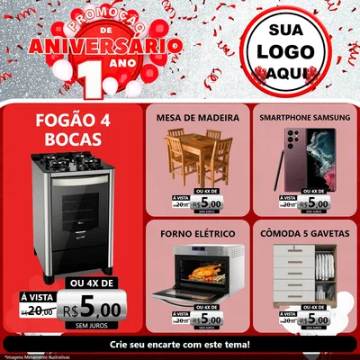 Modelo de Rede Social para Feed Facebook com o tema Promoção de Aniversário - 1 Ano para Móveis e Eletro