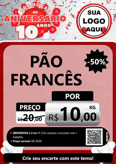 Modelo de Cartaz para Cartaz A4 Vertical com o tema Promoção de Aniversário - 10 Anos para Padaria