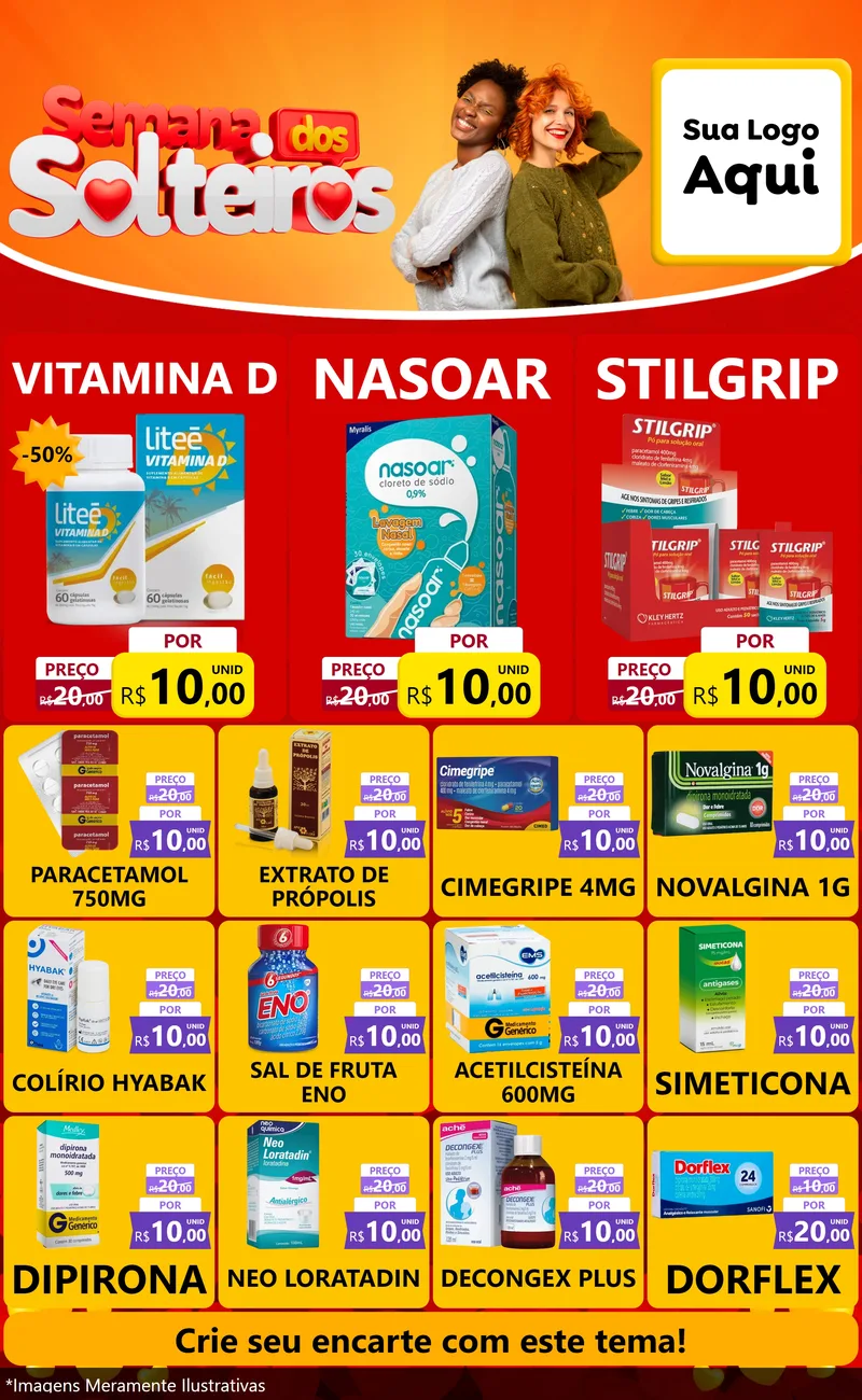 Modelo de Encarte para Encarte Grande com o tema Semana dos Solteiros para Farmácia