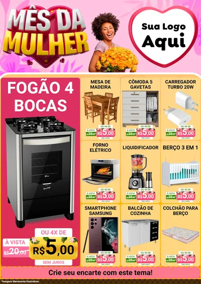 Modelo de Encarte para Encarte A4 Vertical com o tema Mês da Mulher para Móveis e Eletro