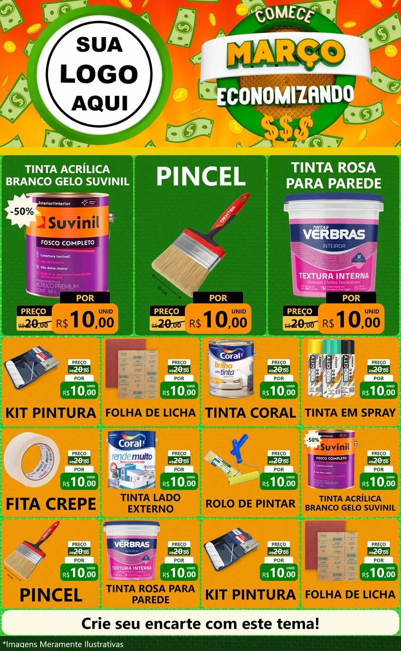 Modelo de Encarte para Encarte Grande com o tema Comece Março Economizando para Tintas e Ferramentas