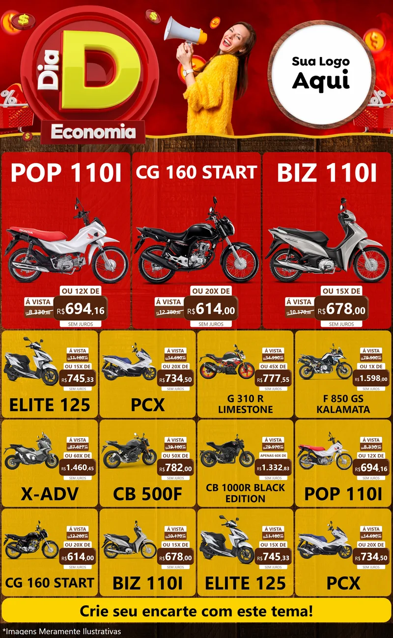 Modelo de Encarte para Encarte Grande com o tema Dia D Economia para Concessionaria de Motos