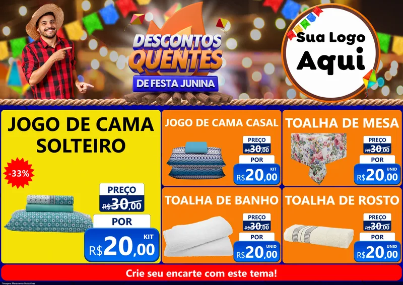 Modelo de Encarte para Encarte A4 Horizontal com o tema Descontos Quentes de Festa Junina para Cama, Mesa e Banho