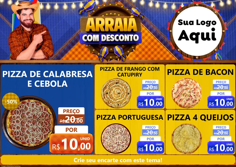 Modelo de Encarte para Encarte A4 Horizontal com o tema Arraiá Com Desconto para Pizzaria