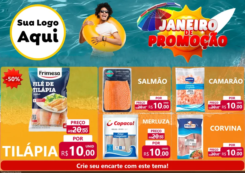 Modelo de Encarte para Encarte A4 Horizontal com o tema Janeiro de Promoção para Peixaria