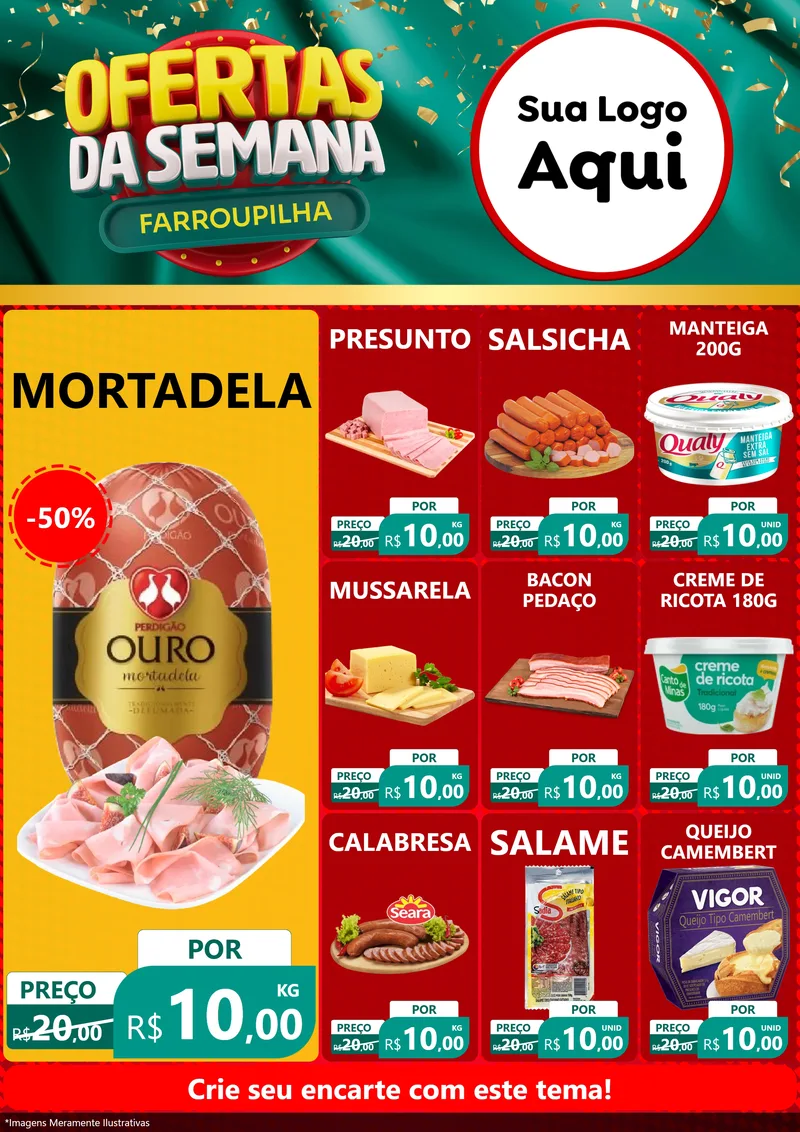 Modelo de Encarte para Encarte A4 Vertical com o tema Ofertas da Semana Farroupilha para Frios e Laticínios