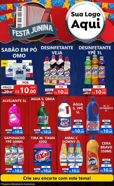 Modelo de Encarte para Encarte Grande com o tema Festa Junina para Produtos de Limpeza