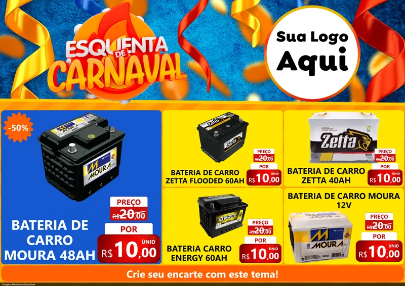 Modelo de Encarte para Encarte A4 Horizontal com o tema Esquenta de Carnaval para Baterias Elétricas