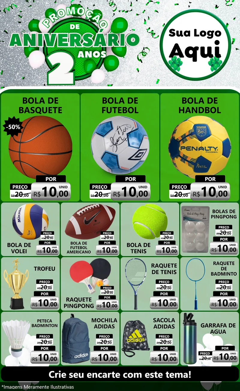 Modelo de Encarte para Encarte Grande com o tema Promoção de Aniversário - 2 Anos para Artigos Esportivos