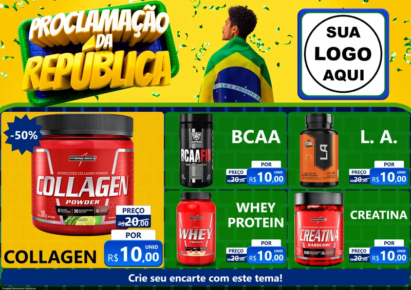 Modelo de Encarte para Encarte A4 Horizontal com o tema Proclamação da República para Suplementos alimentares