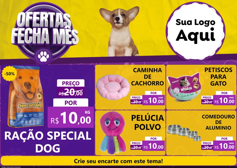 Modelo de Encarte para Encarte A4 Horizontal com o tema Ofertas Fecha Mês - Pet Shop para Pet Shop