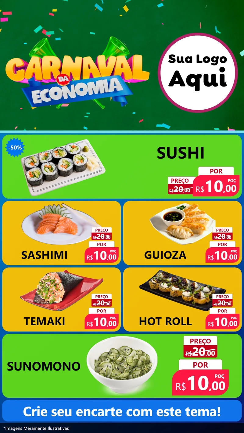 Modelo de TV para TV Vertical com o tema Carnaval da Economia para Comida japonesa