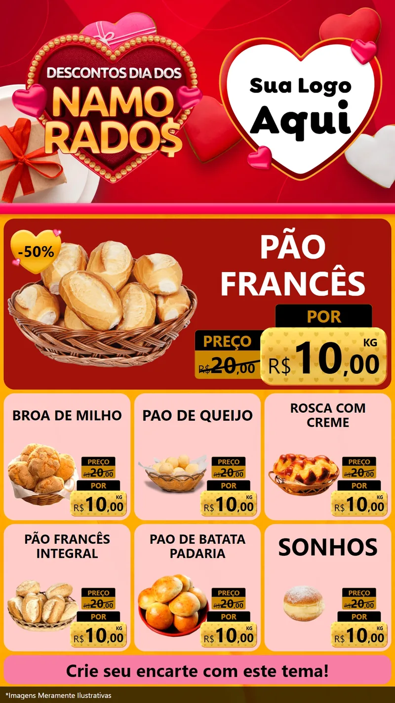 Modelo de Rede Social para Stories com o tema Descontos Dia dos Namorados para Padaria