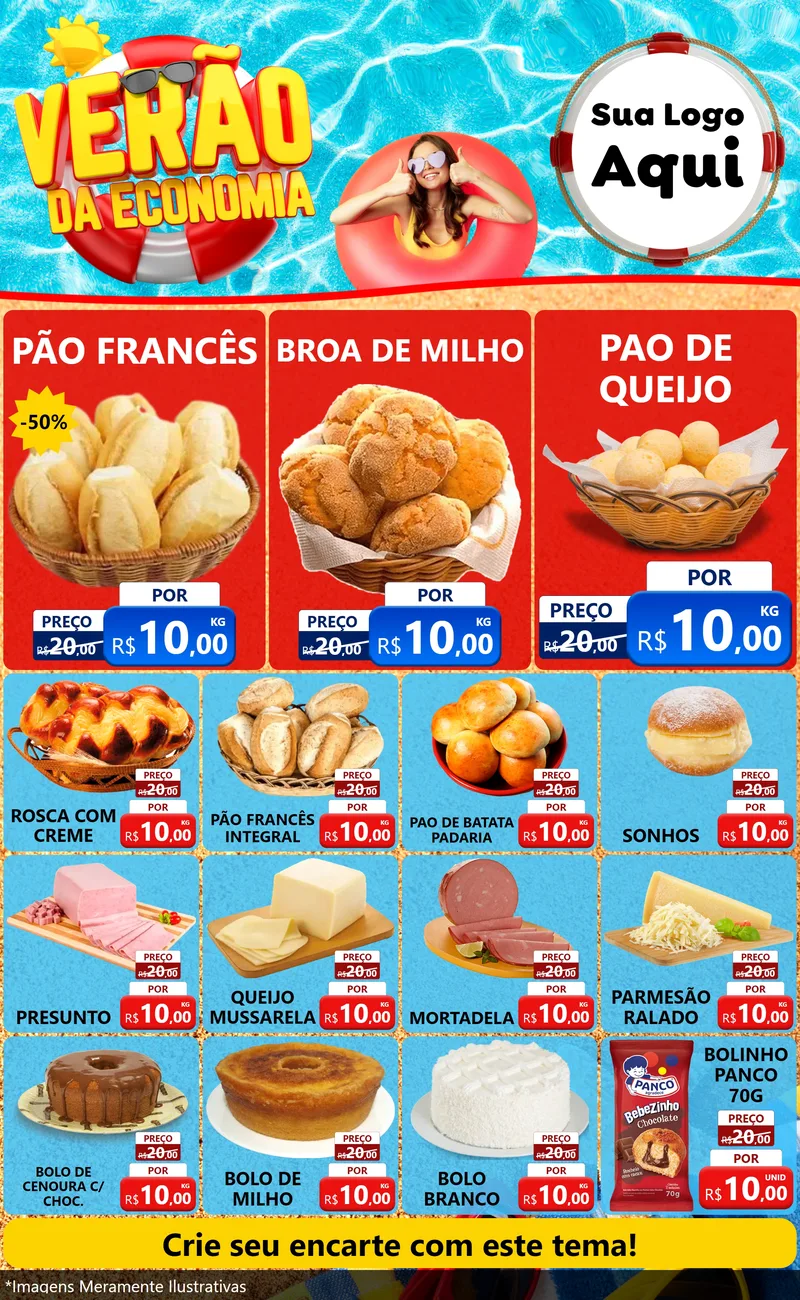 Modelo de Encarte para Encarte Grande com o tema Verão da Economia para Padaria