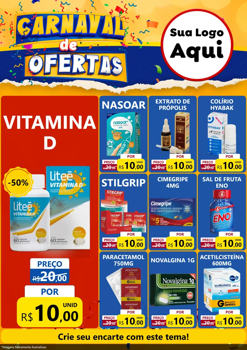 Modelo de Encarte para Encarte A4 Vertical com o tema Carnaval de Ofertas para Farmácia
