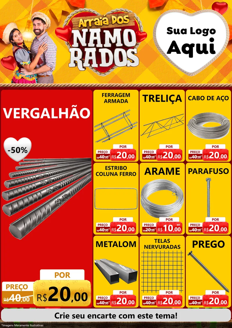 Modelo de Encarte para Encarte A4 Vertical com o tema Arraiá dos Namorados para Ferragens