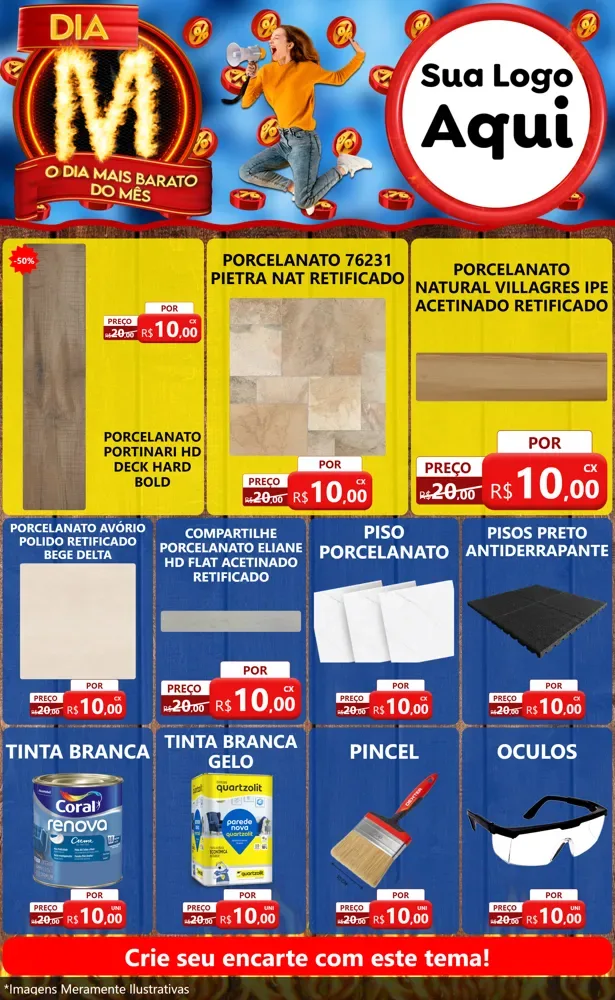 Modelo de Encarte para Encarte Grande com o tema Dia M - O Dia Mais Barato Do Mês para Pisos e revestimentos