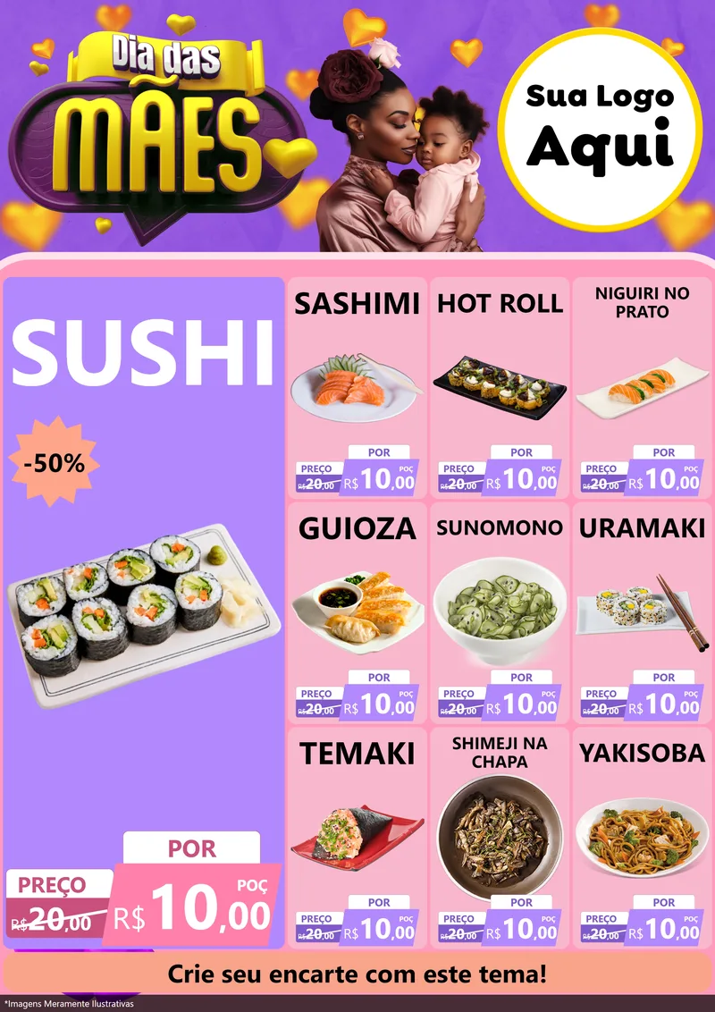 Modelo de Encarte para Encarte A4 Vertical com o tema Dia das Mães para Comida japonesa