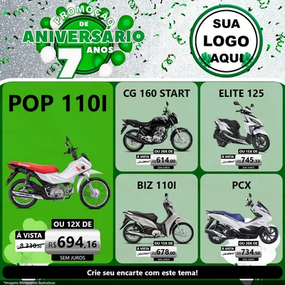 Modelo de Rede Social para Feed Facebook com o tema Promoção de Aniversário - 7 Anos para Concessionaria de Motos
