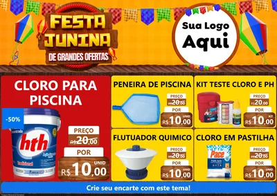 Modelo de Encarte para Encarte A4 Horizontal com o tema Festa Junina de Grandes Ofertas para Produtos para Piscina