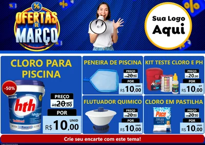 Modelo de Encarte para Encarte A4 Horizontal com o tema Ofertas de Março para Produtos para Piscina