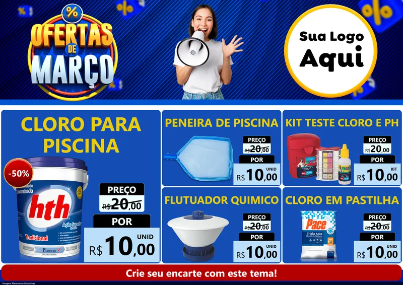 Modelo de Encarte para Encarte A4 Horizontal com o tema Ofertas de Março para Produtos para Piscina