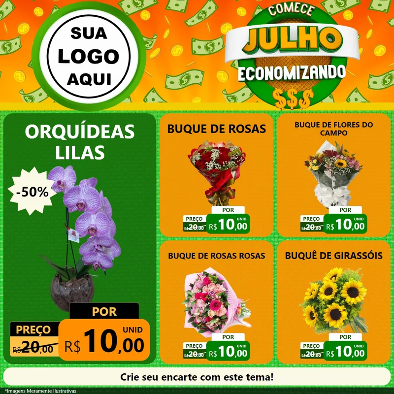 Modelo de Rede Social para Feed Facebook com o tema Comece Julho Economizando para Floricultura e jardim