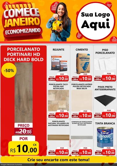 Modelo de Encarte para Encarte A4 Vertical com o tema Comece Janeiro Economizando para Pisos e revestimentos