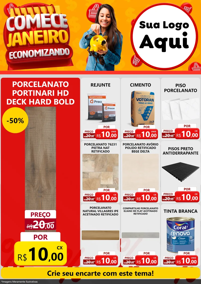 Modelo de Encarte para Encarte A4 Vertical com o tema Comece Janeiro Economizando para Pisos e revestimentos
