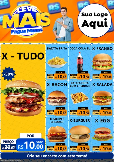 Modelo de Encarte para Encarte A4 Vertical com o tema Leve Mais, Pague Menos para Hamburgueria