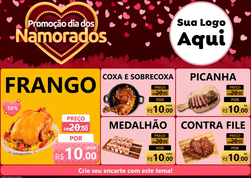 Modelo de Encarte para Encarte A4 Horizontal com o tema Promoção Dia Dos Namorados para Assados