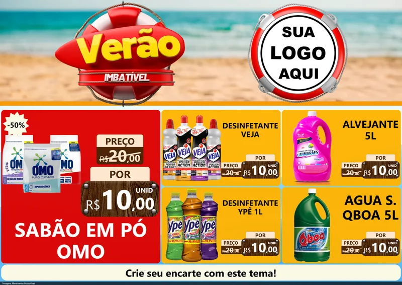 Modelo de Encarte para Encarte A4 Horizontal com o tema Verão Imbatível para Produtos de Limpeza