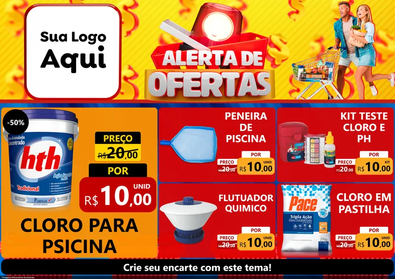 Modelo de Encarte para Encarte A4 Horizontal com o tema Alerta de Ofertas para Produtos para Piscina