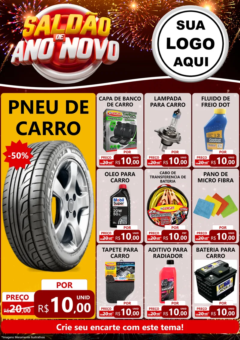 Modelo de Encarte para Encarte A4 Vertical com o tema Saldão de Ano Novo para Auto peças