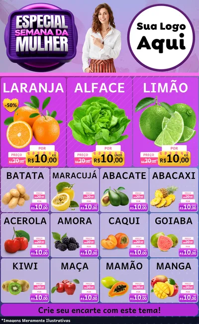 Modelo de Encarte para Encarte Grande com o tema Especial Semana da Mulher para Hortifrúti