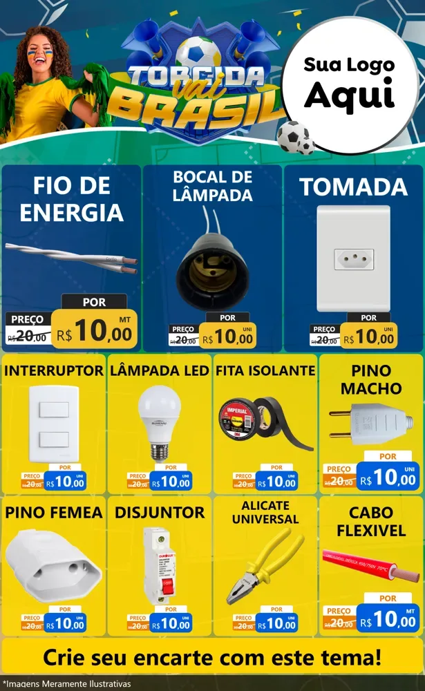 Modelo de Encarte para Encarte Grande com o tema Torcida Vai Brasil - Copa para Materiais Elétricos