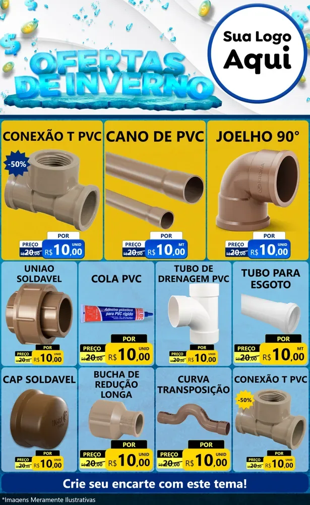 Modelo de Encarte para Encarte Grande com o tema Ofertas de Inverno para Tubos e conexões