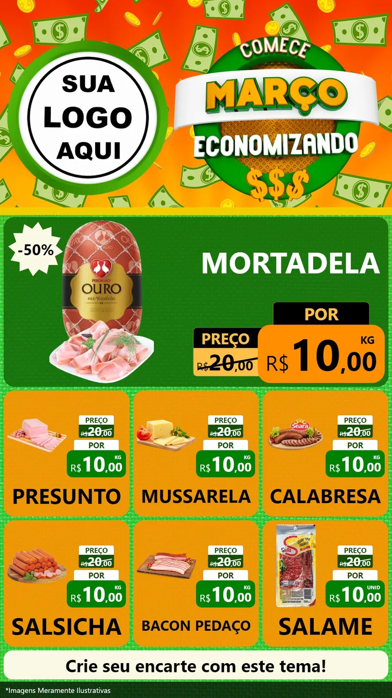 Modelo de Rede Social para Stories com o tema Comece Março Economizando para Frios e Laticínios