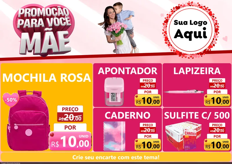 Modelo de Encarte para Encarte A4 Horizontal com o tema Promoção Para Você Mãe para Papelaria