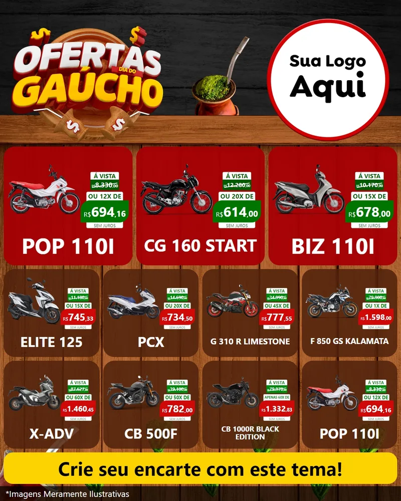 Modelo de Rede Social para Feed Instagram com o tema Ofertas Dia do Gaúcho para Concessionaria de Motos