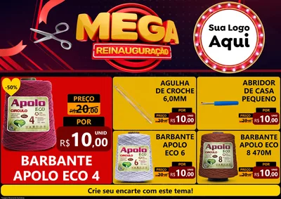 Modelo de Encarte para Encarte A4 Horizontal com o tema Mega Reinauguração para Armarinho e Aviamentos