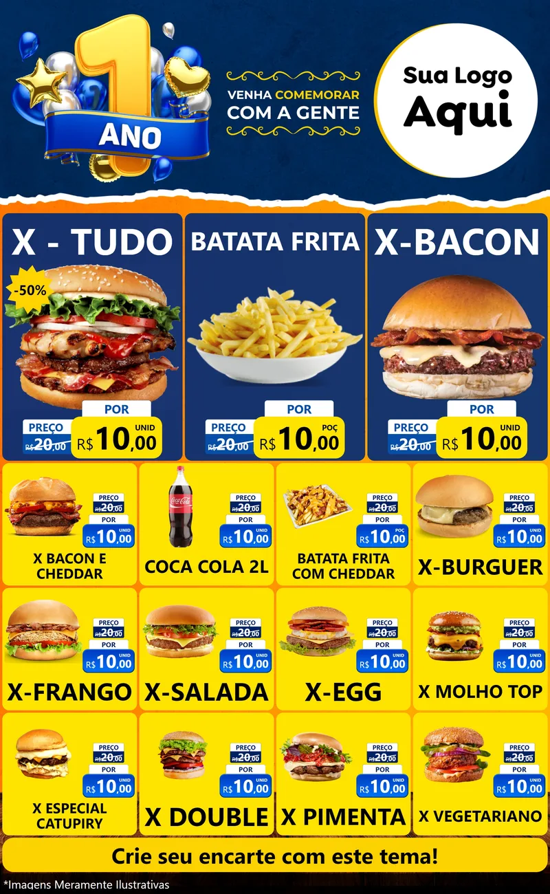 Modelo de Encarte para Encarte Grande com o tema Um Ano de Aniversário para Hamburgueria