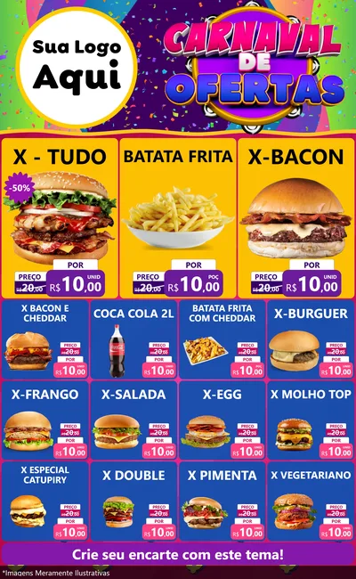 Modelo de Encarte para Encarte Grande com o tema Carnaval de Ofertas para Hamburgueria