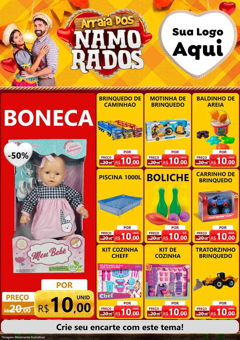 Modelo de Encarte para Encarte A4 Vertical com o tema Arraiá dos Namorados para Brinquedos