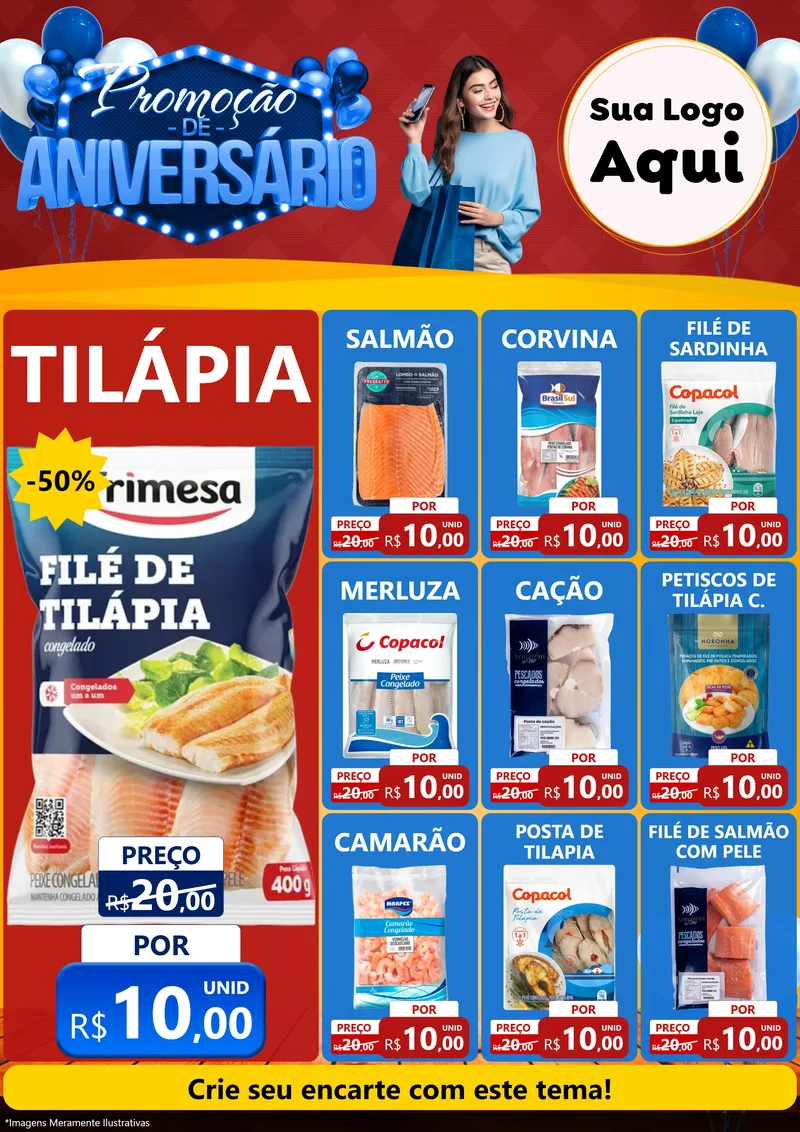 Modelo de Encarte para Encarte A4 Vertical com o tema Promoção de Aniversário para Peixaria