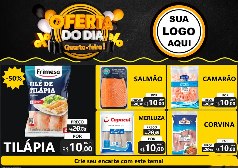 Modelo de Encarte para Encarte A4 Horizontal com o tema Oferta do Dia - Quarta Feira! para Peixaria