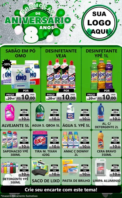Modelo de Encarte para Encarte Grande com o tema Promoção de Aniversário - 8 Anos para Produtos de Limpeza