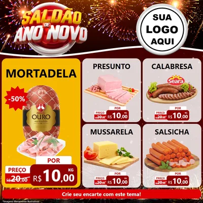 Modelo de Rede Social para Feed Facebook com o tema Saldão de Ano Novo para Frios e Laticínios