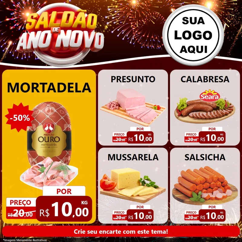 Modelo de Rede Social para Feed Facebook com o tema Saldão de Ano Novo para Frios e Laticínios