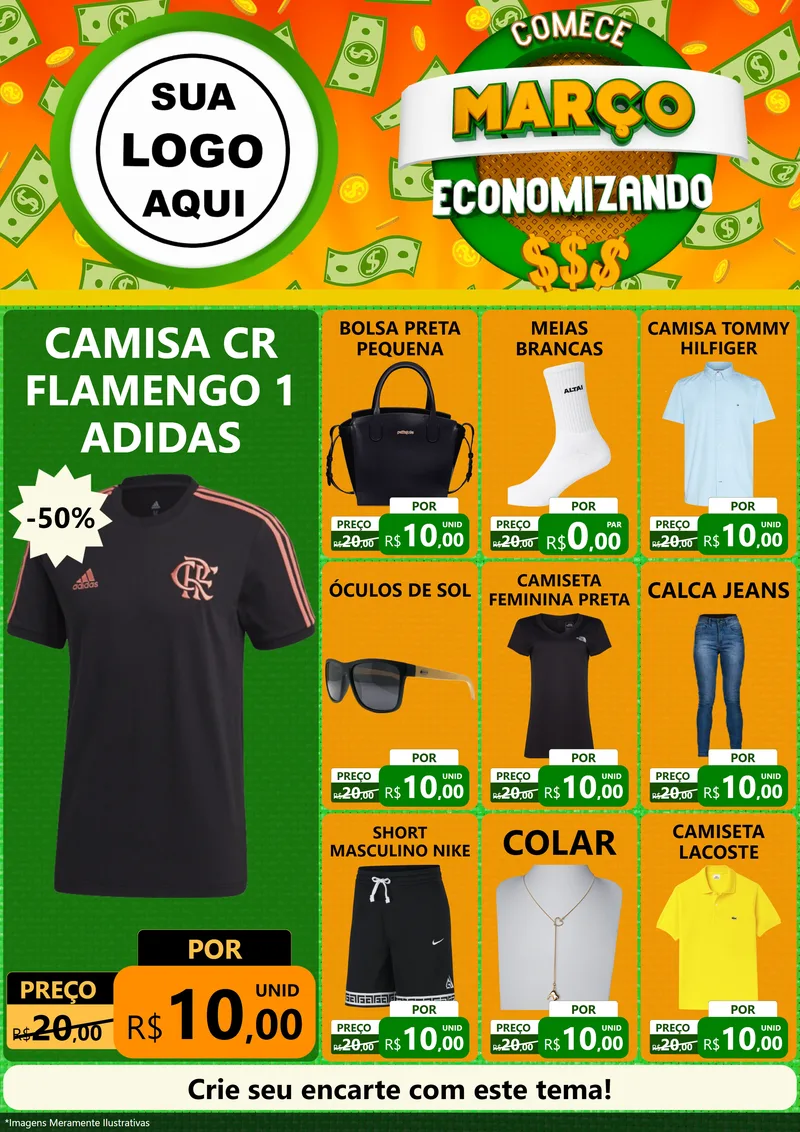 Modelo de Encarte para Encarte A4 Vertical com o tema Comece Março Economizando para Roupas e acessórios